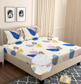 Elastic Fitted Bedsheets With 2 Pillow Covers - Size-72x68+6 Inches, Almond & Blue | Double Bed With Corner Fit Wrinkel Free Super Soft Floral Pattern Breathable Bedsheet