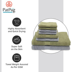 Patpug 100% Indian Cotton Plush Towel Set 2000 Gsm | Highly Absorbent, Fade Resistant, Quick Drying 2 Bath, 2 Hand & 4 Face Towel (Silver Grey & Oliver Green) - 8 Piece