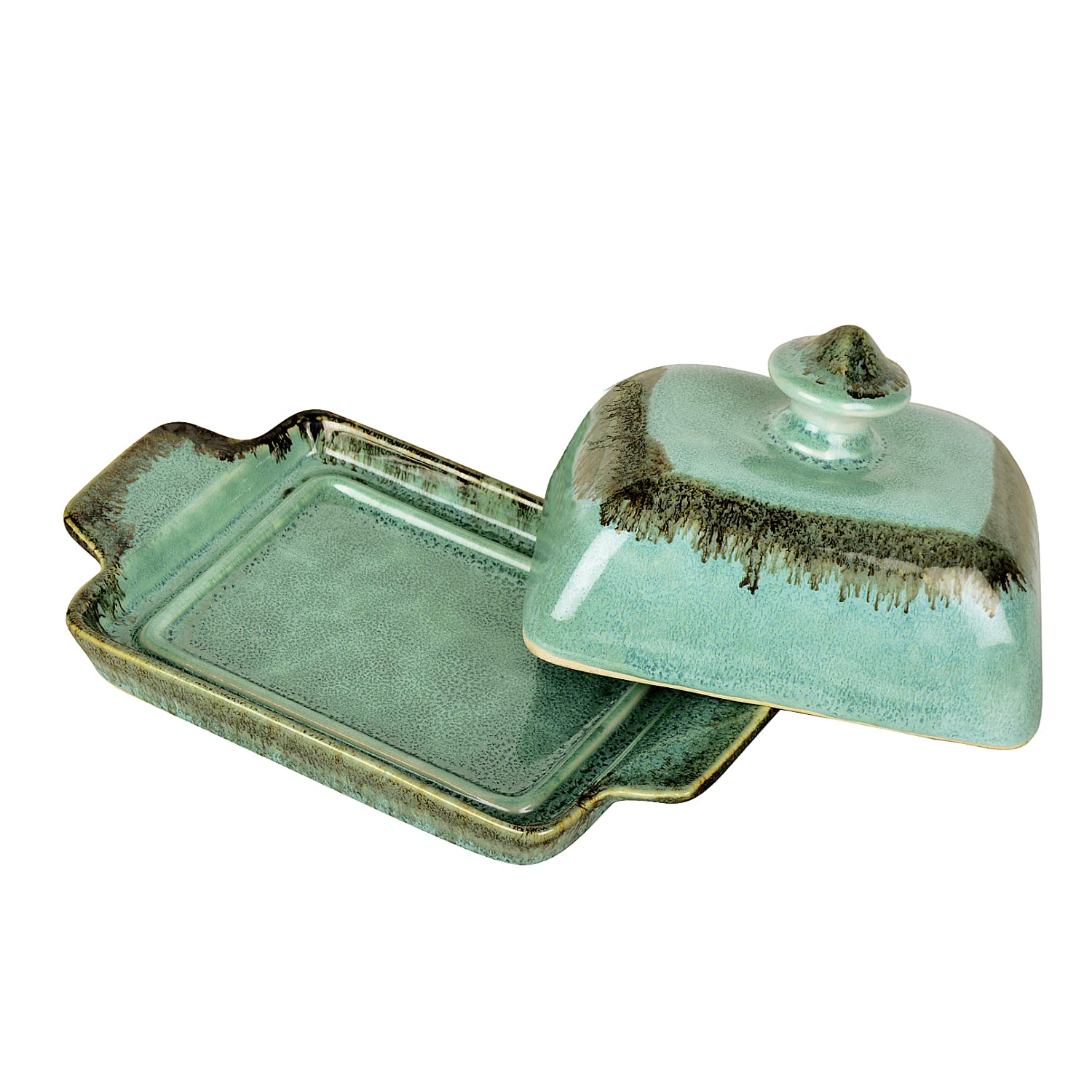 Studio Pottery Ceramic Butter Dish With Lid - Sea Green, Height: 8 Cm | Butter Pot - Butter Container For 500 Gm Studio Pottery Ceramic Butter Dish With Lid - Sea Green, Height: 8 Cm | Butter Pot - Butter Container For 500 Gm