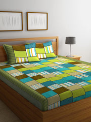 1 Double Bedsheet With 2 Pillow Covers - 85 X 86 Inches, Green & Sky Blue | Long-Lasting Color Comfortable Fabric Bedsheet