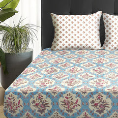 1 Piece Microfiber Bedsheet For Double Bed With 2 Pillow Covers - 88 X 98 Inches, Blue & Beige | Cotton Bedsheet, Breathable & Wrinkle Free