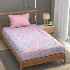 Soft Cotton Single Size Bedsheet With 1 Pillow Cover | 60 X 90 Inches, Blue & Pink | Anti-Fade Printed Design | 200 Thread Count