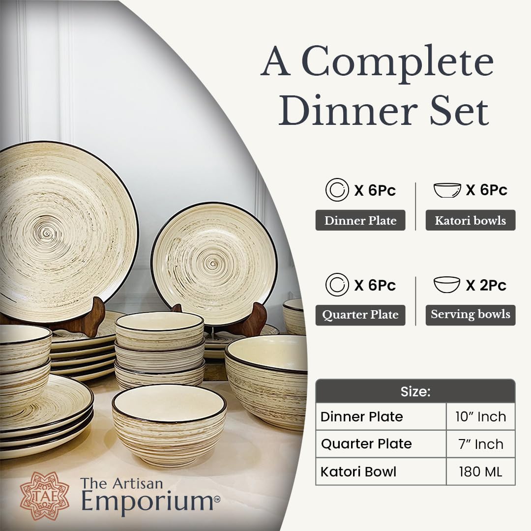 Iris Beige Hand Painted Ceramic Dinner Set Of 20 Pieces With Serving Bowls | 6 Dinner Plates + 6 Side Plates+ 6 Katori Bowls, 180ml Each + 2 Serving Bowls, 700ml Each | Serving For 6 Iris Beige Hand Painted Ceramic Dinner Set Of 20 Pieces With Serving Bowls | 6 Dinner Plates + 6 Side Plates+ 6 Katori Bowls, 180ml Each + 2 Serving Bowls, 700ml Each | Serving For 6