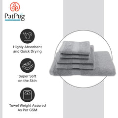 Patpug 100% Indian Cotton Plush Towel Set 1200 Gsm | Highly Absorbent, Fade Resistant, Quick Drying (Silver Grey) - 5 Piece