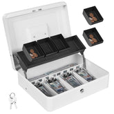 Cash Box With Lock & 2 Keys, Metal Money Box With Cash Tray, Portable Lock Safe Box, 4 Bill, 5 Coin Slots, Large Cash Boxes With Money Tray For Small Business 11.8 X 9.5 X 3.5 Inch, Colour - White