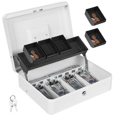 Cash Box With Lock & 2 Keys, Metal Money Box With Cash Tray, Portable Lock Safe Box, 4 Bill, 5 Coin Slots, Large Cash Boxes With Money Tray For Small Business 11.8 X 9.5 X 3.5 Inch, Colour - White
