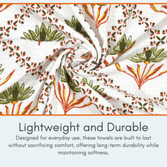 Mafatlal Madhuban Premium Waffle Cotton 1 Bath & 2 Hand Towel 700 Gsm | Hand Printed Floral Design Lightweight, Quick Dry Towel (Foliage) - 3 Pcs