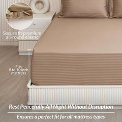 210 TC Cotton Double Bed Fitted Bedsheets With 2 Pillow Cases - 78 X 72 Inches, Taupe | Satin Stripes Wrinkle Free | Comfortable Fabric Bedsheet