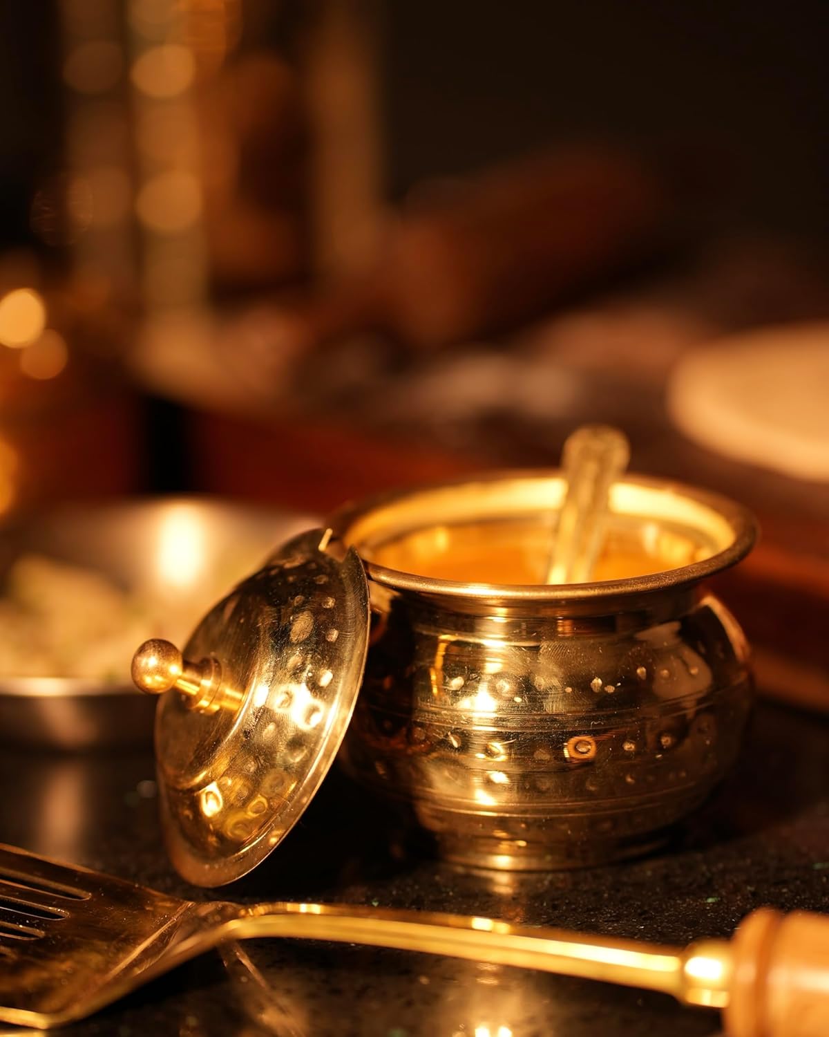 Golden Brass Ghee Pot, 250ml - Oil Storage Jar - Oil Pot With Spoon For Kitchen & Dining | 100% Pure Brass & Non-Toxic Golden Brass Ghee Pot, 250ml - Oil Storage Jar - Oil Pot With Spoon For Kitchen & Dining | 100% Pure Brass & Non-Toxic