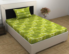 100% Cotton Single Bedsheet With 1 Matching Pillow Covers - 57 X 87 Inches, Green & White | All Weather Comfort & Bedroom - Softness & Natural Breathability