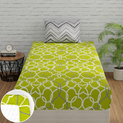 Elastic Fitted Bedsheet For Single Bed Pure Cotton With 1 Pillow Cover | 36 X 78 Inches, Light Green & Grey | Lightweight, Soft, & Comfortable