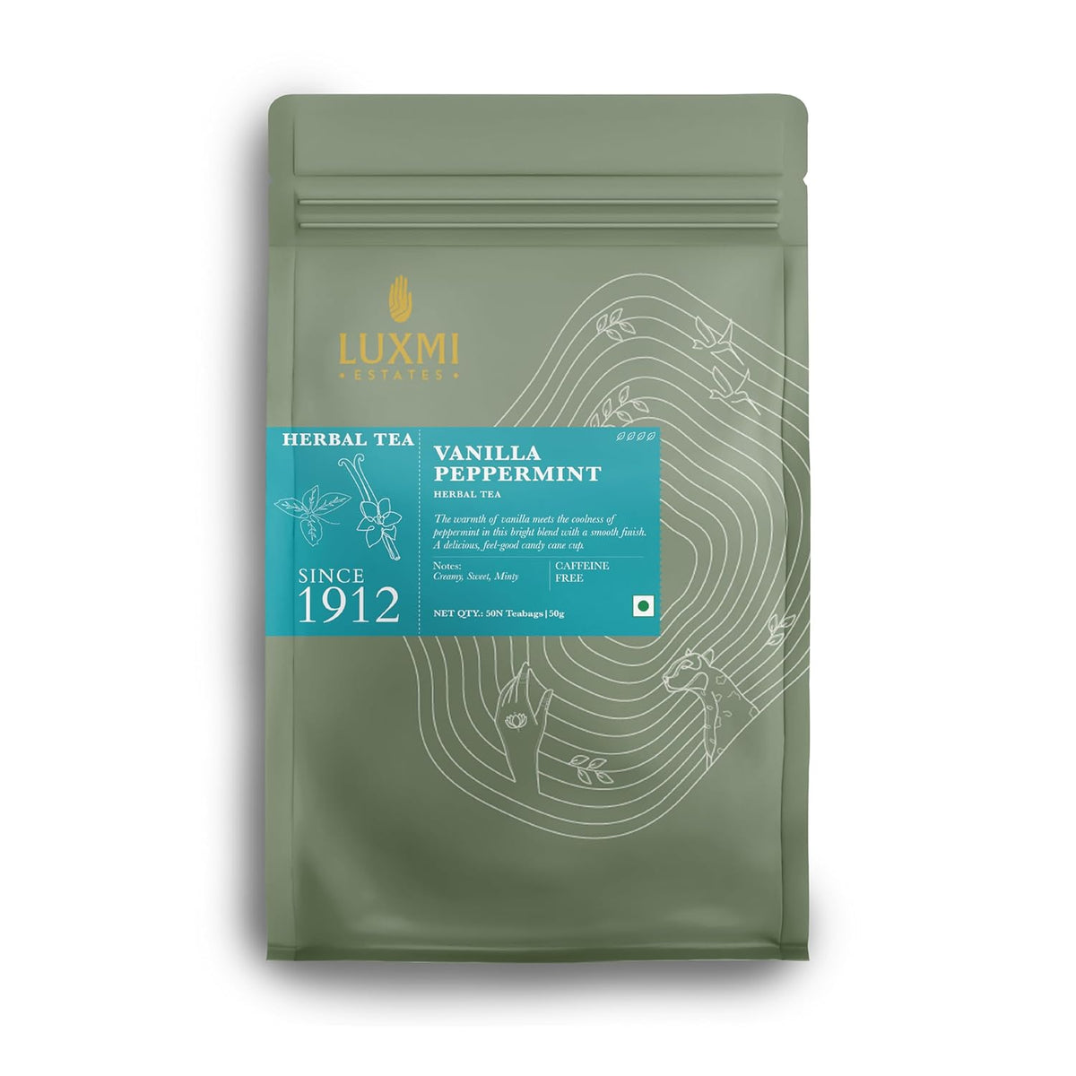 Luxmi Estates Vanilla Peppermint Herbal Tea - 50gm, 1.7 Ounce, 50 Tea Bags | USDA Certified Organic Herbal Tea - Gluten Free, Caffeine Free Tea Bags