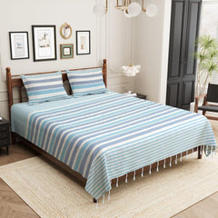 210 TC Double Bedsheet With Two Pillow Cover - Queen Size 90 X 100 Inches, White & Blue | Handloom Cotton Bedsheets For Double Bed | All Season Comfort