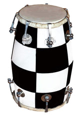 Handmade Mango Wooden 14" Baby Dholak Nut & Bold With Beautiful Check Design - Black & White Color | Goat Skin On Both Side