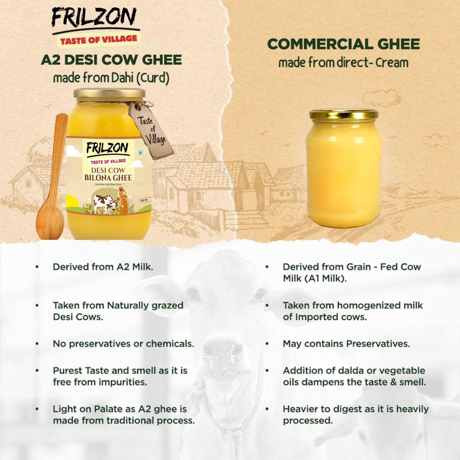 Organic Desi Cow Bilona Ghee With Wooden Spoon By Frilzon | Traditional Bilona Method, Cultured Danedar Desi Homemade Ghee Good For Frying | (500ml) 16.9 Ounce | Jar Pack Organic Desi Cow Bilona Ghee With Wooden Spoon By Frilzon | Traditional Bilona Method, Cultured Danedar Desi Homemade Ghee Good For Frying | (500ml) 16.9 Ounce | Jar Pack