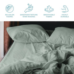 Stripe Cotton Fitted King Bedsheet With 2 Pillow Covers - 72x78 Inches, Sage Green | 12"Deep Pocket-1 Elastic Fitted-Sateen Weave Premium Bedding Set For Double Bed