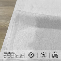 The Veloure Hotel 2 Bath & 4 Hand Towel 1800 Gsm | Pure Cotton, Super Soft, Anti Microbial Towel - Set Of 6 (White)
