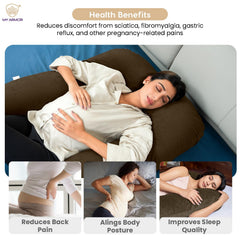 Full Body J Shape Pregnancy Pillow For Women, Maternity Pillow, Brown Color | Pillow Gift For Pregnancy Sleeping, Premium Velvet Cover With Zip | Adjustable & Washable Pillow