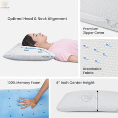 Memory Foam Pillow, Thin Size With Cooling Crystal, White - 4 Inch | Ortho Pillow For Sleeping, With Removable Breathable Cover | Portable, Lightweight, Adjustable - Pack Of 1