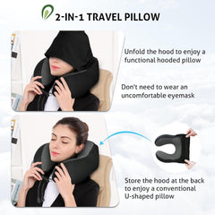 Travel Pillow For Neck Memory Foam, Hooded Travel Neck Pillow For Adults, Black | Medium Size, Comfortable Neck Pillow For Travel With Hoodie, Flight Pillow, Airplane Pillow, Plane Car Use