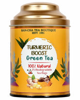 San-Cha Turmeric Boost Green Tea - 25 Biodegradable Tea Bags | Blended With Curcumin Rich Turmeric - Environment Friendly & Made In Corn Fiber | Low Caffeine