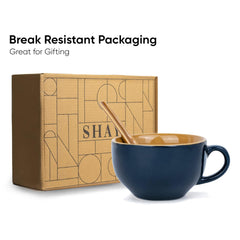 Ceramic Soup Bowl Set With Spoon Set Of 2 - Persian Blue, 350ml Each | Soup Mug - Soup Cup | 2 Soup Bowls + 2 Soup Spoons | Glossy Finish Ceramic Soup Bowls - Microwave Safe Soup Cup Set