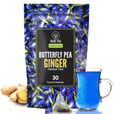 Blue Tea Butterfly Pea Flower Ginger Herbal Tea - 30 Pyramid Tea Bags | Sun Dried Flower Antioxidant Tea - Caffeine Free, Detox Tea | No Added Colors, Aparajita - Shankhpushpi, Zipper Pack