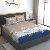 Cotton Bedsheets Feel Glace All Around Elastic Fitted Floral Bedsheets King Size - 78 X 72 X 10 Inches, Navy | Premium Super Soft Fitted Bedsheet For Double Bed