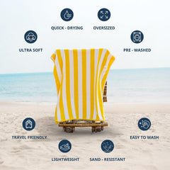 Lane Linen 100% Cotton Large Bath Towels 1000 Gsm | Cabana Stripe Bathroom Towels | Highly Absorbent, Soft & Quick Dry Towels - Yellow (Pack Of 2)
