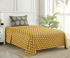 Cotton Printed Single Flat Bedsheet With 1 Pillow Cover - 60 X 100 Inches, Grey & Mustard | Breathable & Skin Friendly Bedsheet | Ideal For Year Round Use