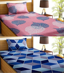 Combo Pack Of 2 Single Bedsheets With 2 Pillow Covers | 60 X 90 Inches, Pink & Blue - Super Soft Premium Brushed Glace Cotton Bedsheet