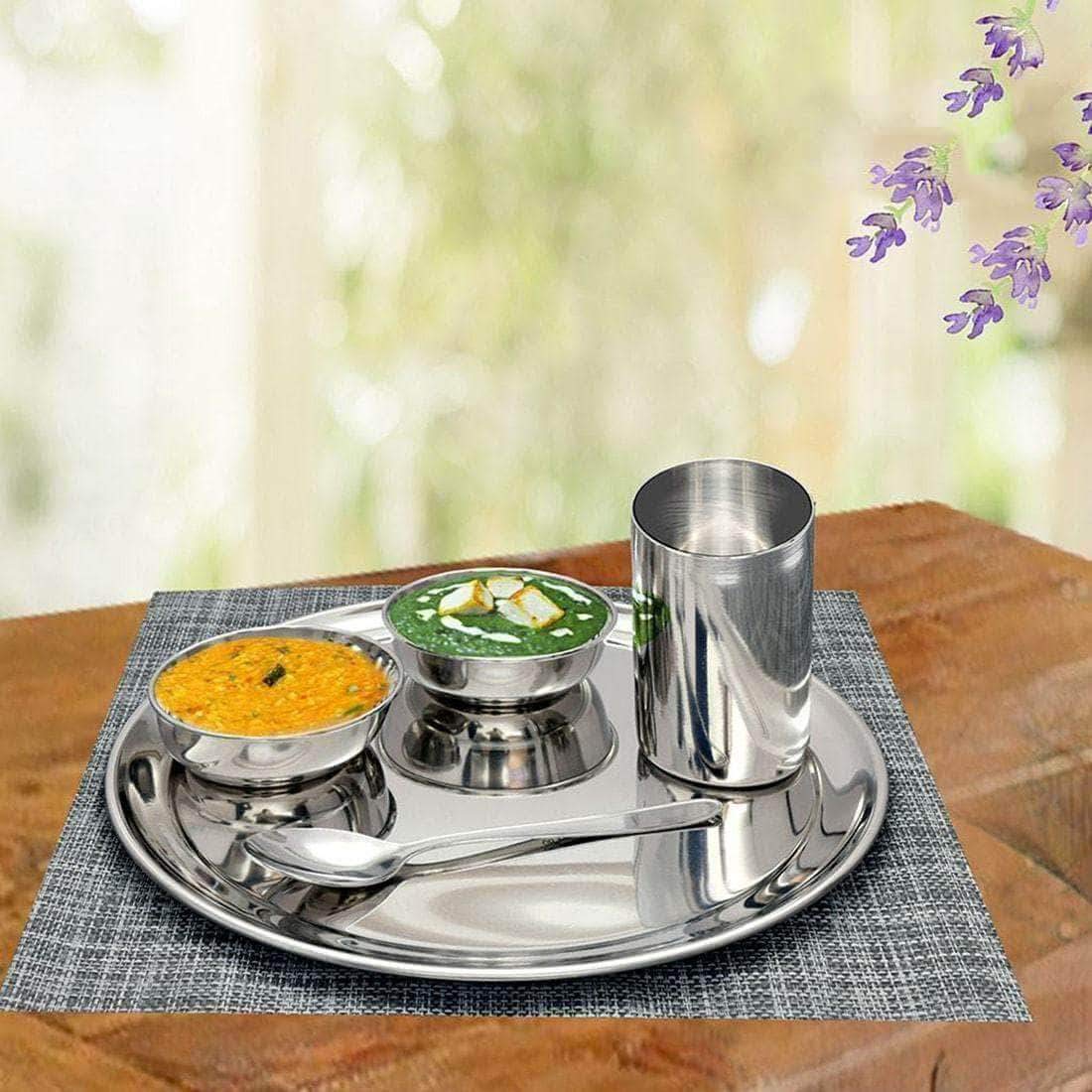 High Grade Stainless Steel Premium Thali Set Of 5 Pieces, Silver | 1 Thali+ 2 Bowls+ 1 Glass+ 1 Dinner Spoon - Easy To Clean & Dishwasher Friendly High Grade Stainless Steel Premium Thali Set Of 5 Pieces, Silver | 1 Thali+ 2 Bowls+ 1 Glass+ 1 Dinner Spoon - Easy To Clean & Dishwasher Friendly