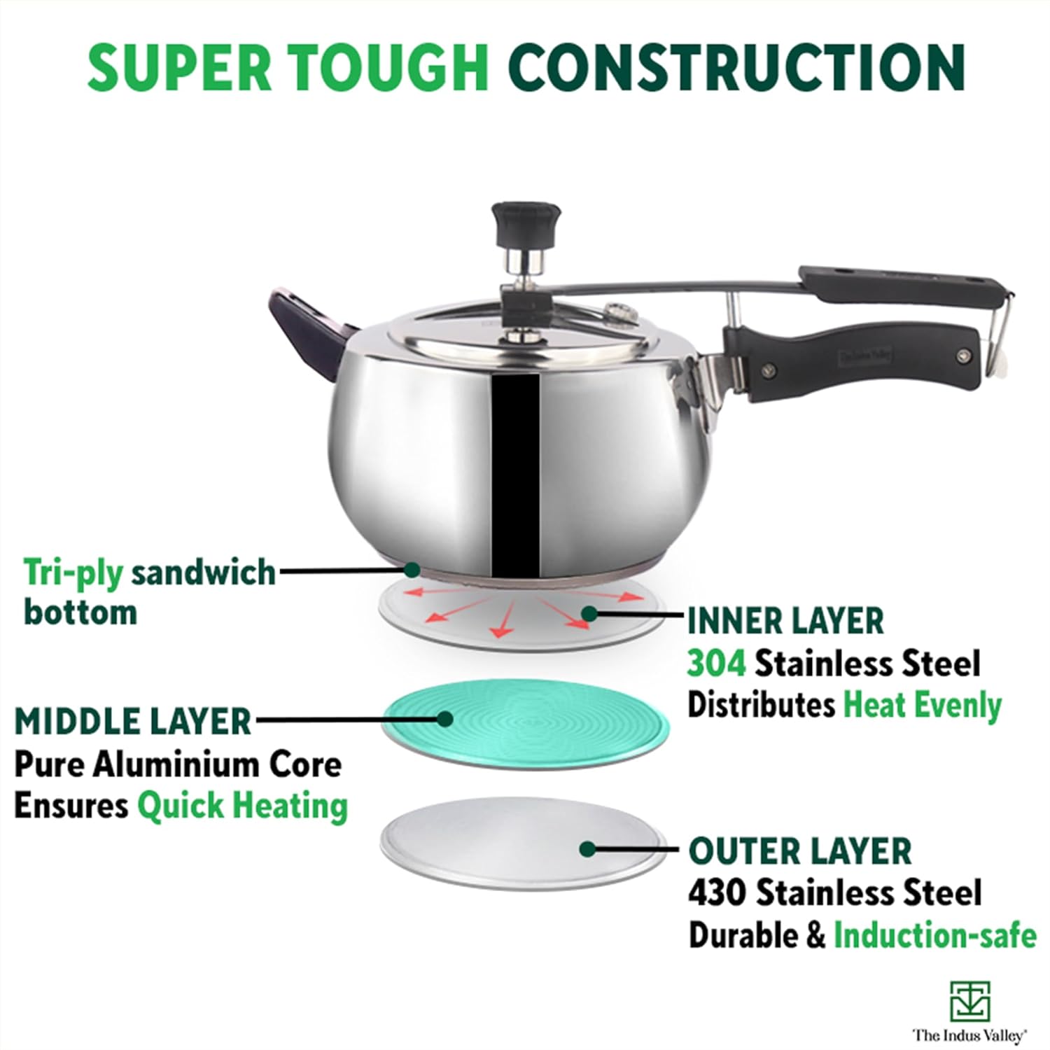 Inner Lid Stainless Steel Pressure Cooker 3 Liters With Tri-Ply Sandwich Bottom - ISI Certified, 5 Year Warranty Inner Lid Stainless Steel Pressure Cooker 3 Liters With Tri-Ply Sandwich Bottom - ISI Certified, 5 Year Warranty