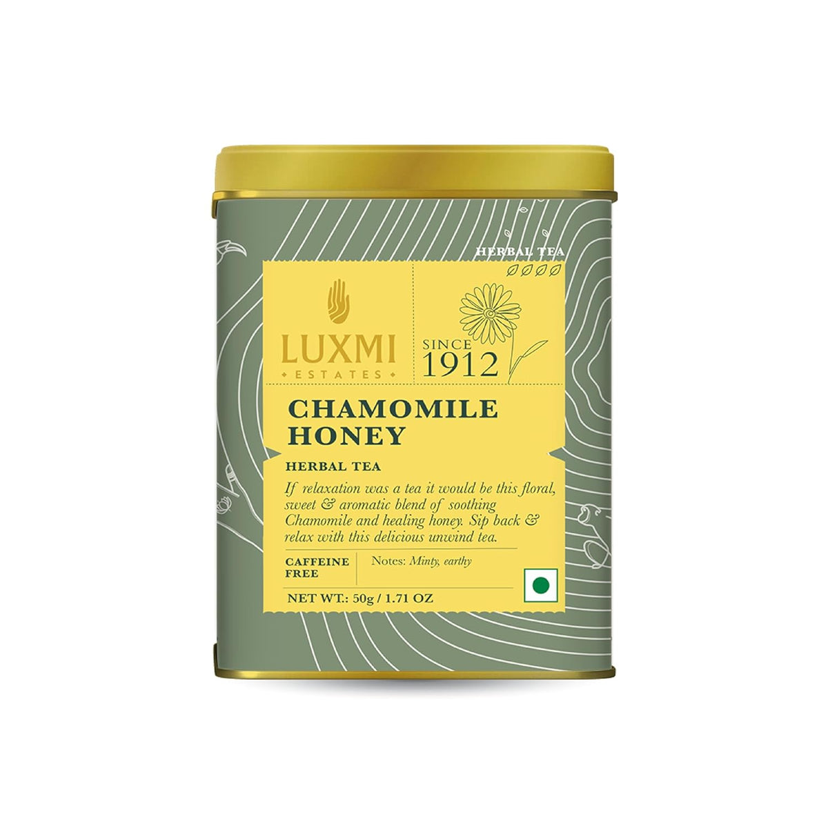 Luxmi Estates Chamomile Honey Herbal Tea - 50gm Tin Caddy, 1.7 Ounce, 25 Cups | Stress Relief Bedtime Tea For Restful & Peaceful Sleep - USDA Organic Certified, Caffeine-Free Herbal Tea