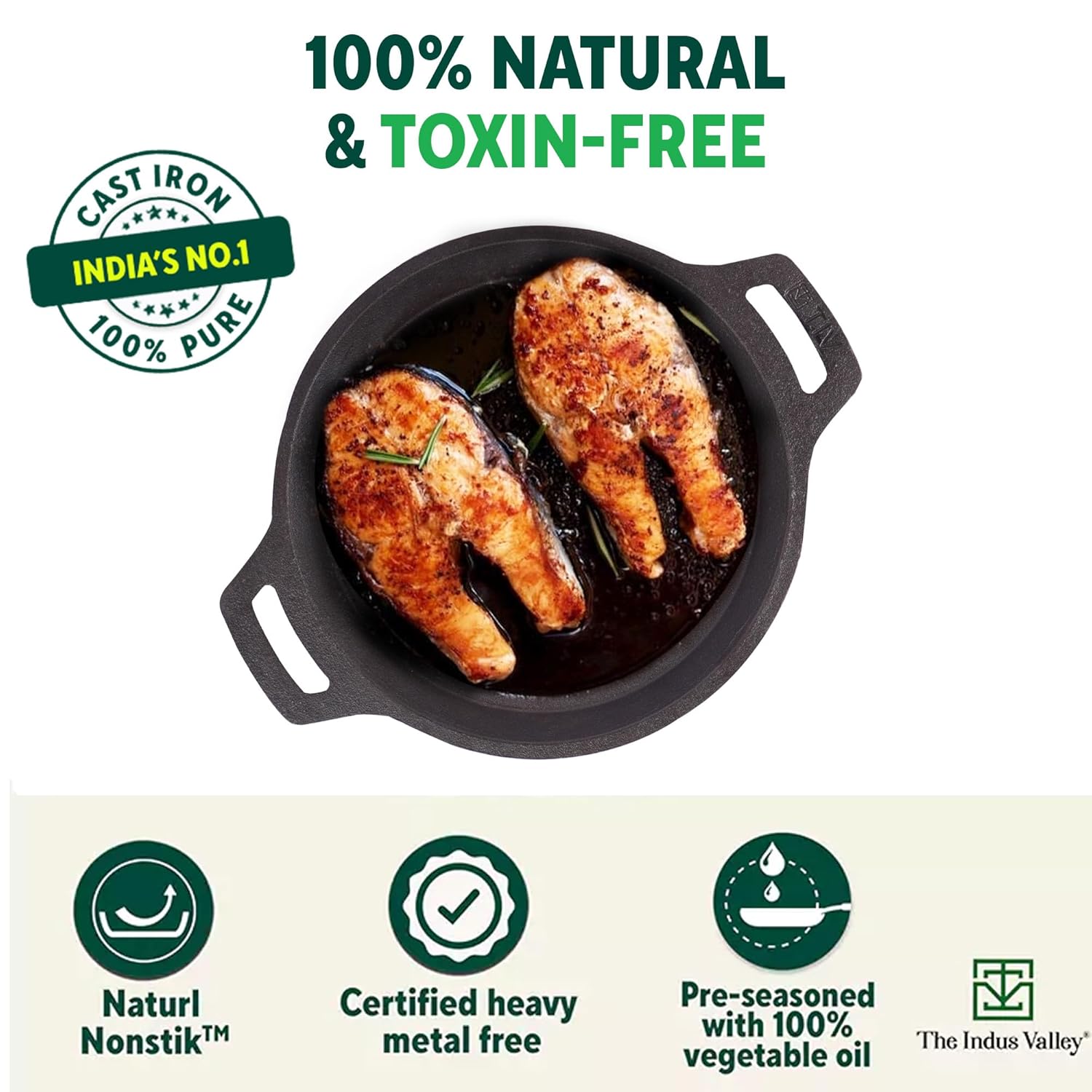 Pre-Seasoned Black Cast Iron Fish Fry Pan With Double Handle - Medium 25 Cm, 9.8 Inch, 2 Kg | Induction Friendly, Nonstick Fish Fry Pan, 100% Pure & Toxin Free, No Chemical Coating Pre-Seasoned Black Cast Iron Fish Fry Pan With Double Handle - Medium 25 Cm, 9.8 Inch, 2 Kg | Induction Friendly, Nonstick Fish Fry Pan, 100% Pure & Toxin Free, No Chemical Coating