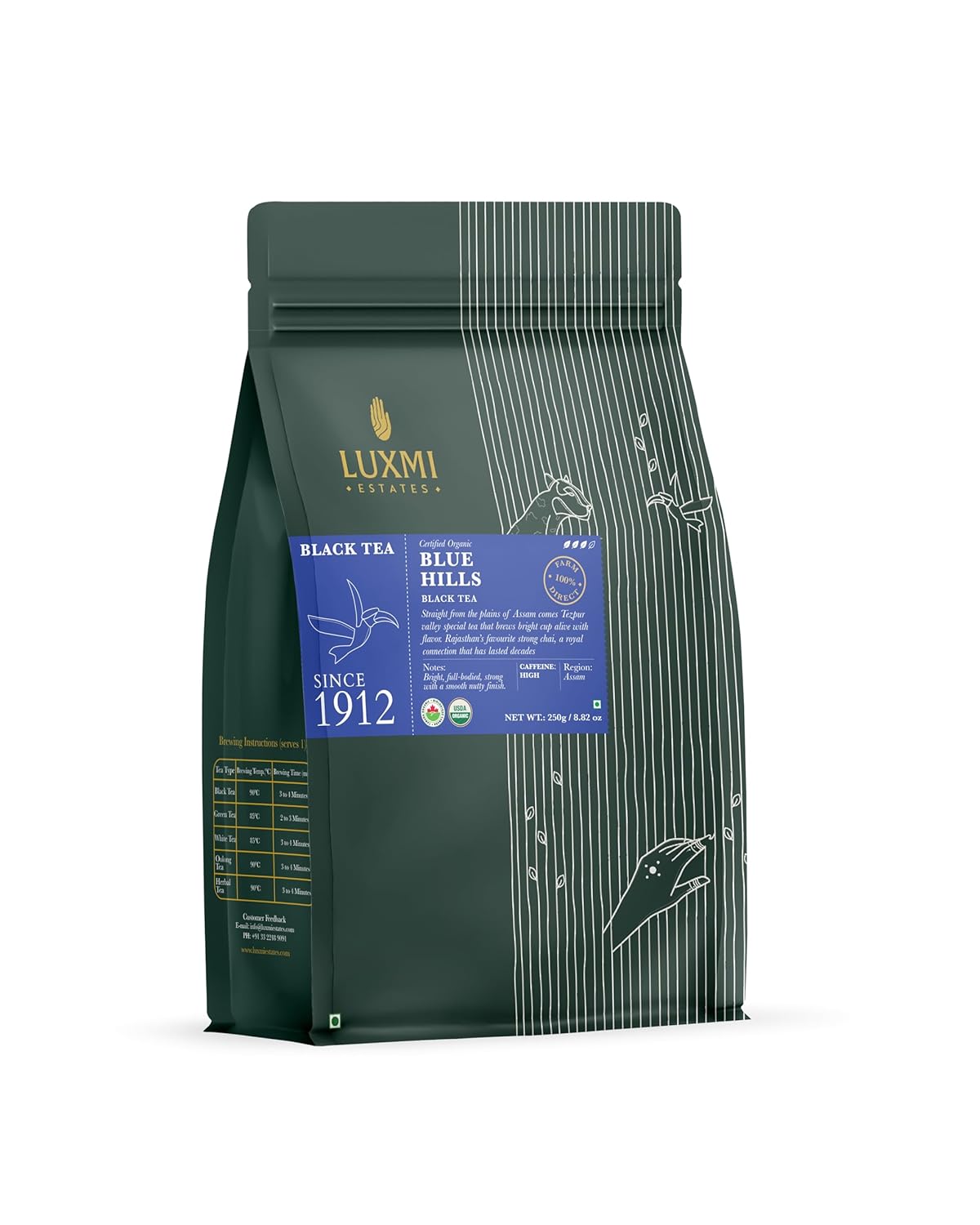 Luxmi Estates Blue Hills Black Tea - 250gm, 8.8 Ounce, 125 Cups | Premium CTC Blended Tea With Leaf - Strong Assam Flavor | Additives Free, High Caffeine Black Tea Luxmi Estates Blue Hills Black Tea - 250gm, 8.8 Ounce, 125 Cups | Premium CTC Blended Tea With Leaf - Strong Assam Flavor | Additives Free, High Caffeine Black Tea