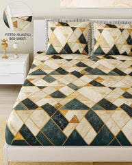 Premium Heavy Queen Size Bedsheet With 2 Frill Pillow Covers | 72 X 78 Inches, Gold & Cream | Double Bed, All-Around Elastic Fitted | Luxurious Comfort & Durability