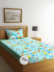 Kids 1 Single Bedsheet With 1 Pillow Covers - 42 X 75 X 8 Inches, Multicolor | Cotton Feel All Around Elastic Fitted Bedsheet - Suitable For Children Room Breathable & Wrinkle Free