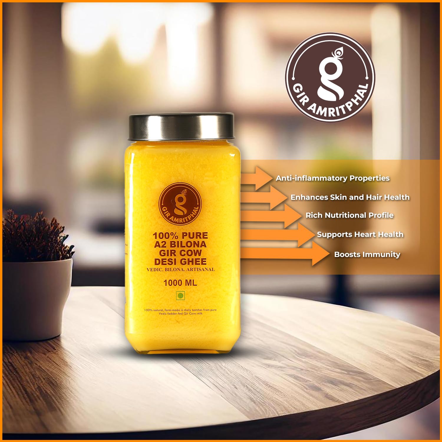 100% Natural Cow Ghee A2 Bilona Gir Cow Desi Ghee By Gir Amritphal | Good Source Of Healthy Desi Cow Ghee Perfect For Improves Hair Health | (1 Litr) 33.8 Ounce | Jar Pack 100% Natural Cow Ghee A2 Bilona Gir Cow Desi Ghee By Gir Amritphal | Good Source Of Healthy Desi Cow Ghee Perfect For Improves Hair Health | (1 Litr) 33.8 Ounce | Jar Pack
