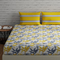 Cotton Bedsheet With 2 Pillow Covers - 88 X 96 Inches, Yellow & Grey | Ideal For Villas, Guest Houses, & Daily Home Use Double Bedsheet