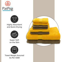 Patpug 100% Indian Cotton Plush Towel Set 2000 Gsm | Highly Absorbent, Fade Resistant, Quick Drying 2 Bath, 2 Hand & 4 Face Towel (Sepia Brown & Sunrise Yellow) - 8 Piece