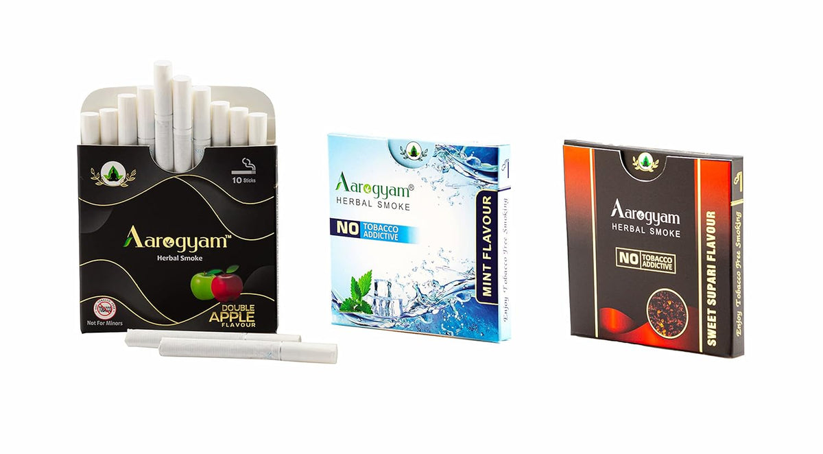 Aarogyam Herbals Tobacco & Nicotine Free Herbal Flavored Cigarette For Relieve Stress And Mood Enhance Product - Sweet Supari, Double Apple, Mint Flavour - Pack Of 3 30 Sticks