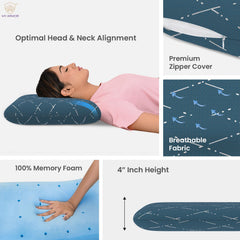 Cool Gel Memory Foam Pillow For Neck & Shoulder Pain, Standard Size - 4 Inch | Removable Zipper Cover, Blue Checks Cover, Compressible, Breathable | Ideal For Side Sleepers - Pack Of 1