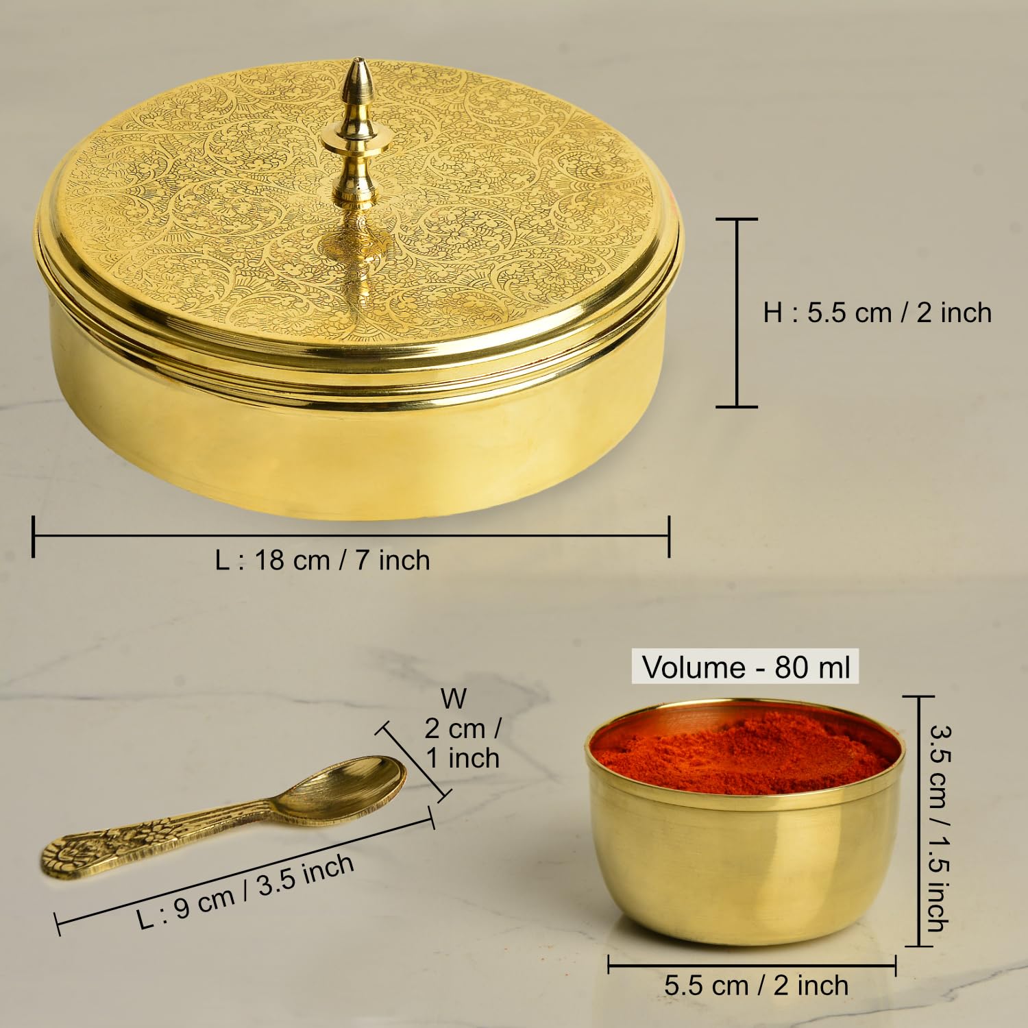 Premium Pure Brass Floral Etched Indian Spice Box For Kitchen With Spoon - 7 Containers, 80ml Each, Golden, Diameter - 7.2 Inches, Weight - 850gm | Peetal Masala Dani, Masala Dabba Premium Pure Brass Floral Etched Indian Spice Box For Kitchen With Spoon - 7 Containers, 80ml Each, Golden, Diameter - 7.2 Inches, Weight - 850gm | Peetal Masala Dani, Masala Dabba