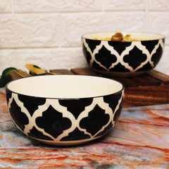 Black Moroccan Ceramic Serving Bowl Set Of 2 Pieces, 800ml Each | Hand Painted Large Dining Serving Bowls For Serving - Microwave Safe & Dishwasher Safe