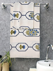 Mafatlal Madhuban Premium Cotton 1 Bath & 2 Hand Towel 700 Gsm | Hand Printed, Indian Floral Craft Towel (White Cream) - 3 Pcs