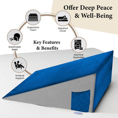 Wedge Memory Foam Pillow, Back Support Pillow For Bed, Acid Reflux, Grey & Blue | Snoring, Gerd, Leg Elevation, Pregnancy Support For Sitting & Sleeping | Wedge Cushion Pillow