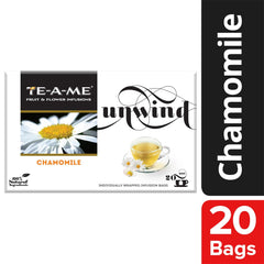TE-A-ME Unwind Chamomile Tea - 20 Individually Wrapped Infusion Tea Bags | Chamomile Tea For Good Sleep - Caffeine Free, Biodegradable
