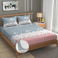 Double Bedsheet For Queen Size With Tow Pillow Cover - 72 X 72 Inches, Pink & Grey | All Around Elastic Fitted Breathable & Durable, Soft Touch & Perfect For All Seasons