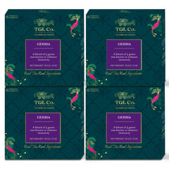 TGL Co. Geisha Green Tea - Pack Of 4 X 32gm, 1.1 Ounce Each, 64 Pyramid Tea Bags | Improves Bone Health, Immunity Booster - Medium Caffeine
